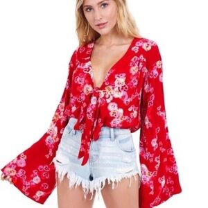 Free People Red Floral Tie-Front Long Sleeve Bodysuit